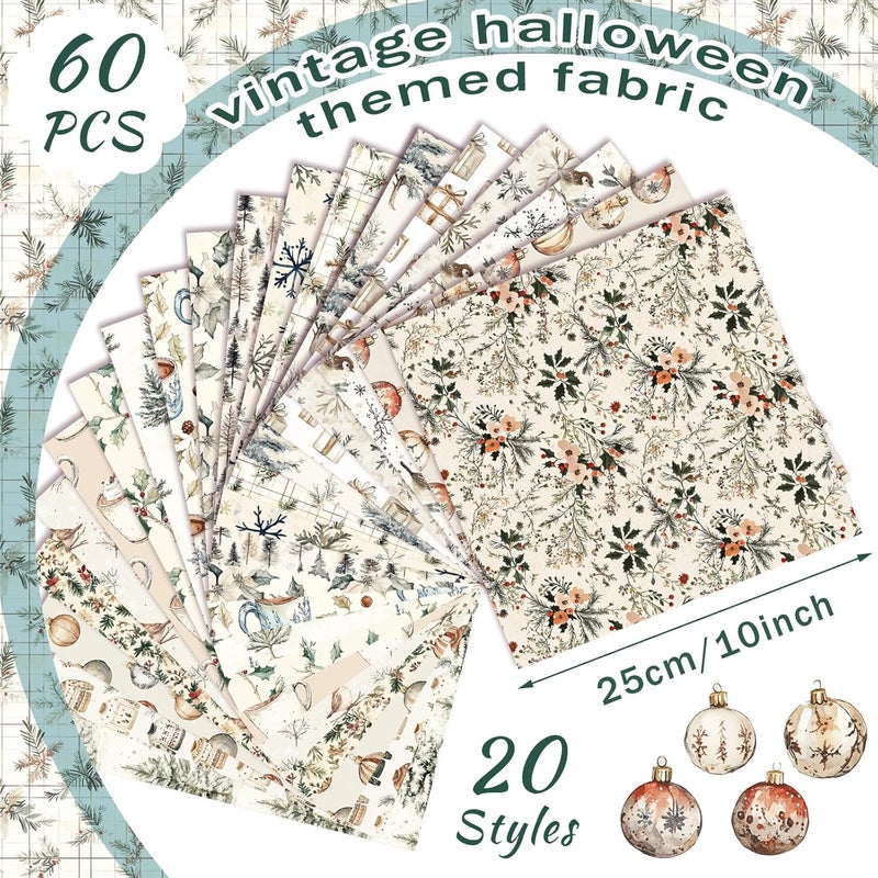 FuWeave 60 Pcs 10 x 10 Inch Boho Christmas Quilting Fabric Woodland Christmas Fat Squares Patchwork Precut Neutral Beige Fabric Bundles for Xmas Winter Quilting Crafting DIY Craft Sewing - Image 2